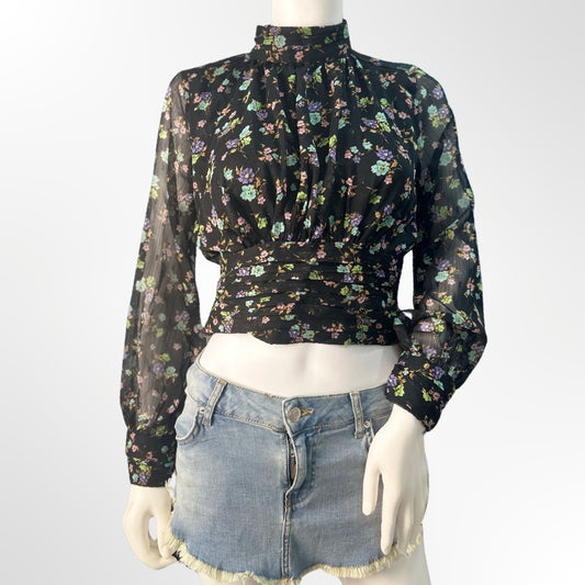 Zara - Blusa tul cuello alto estampado flores frente